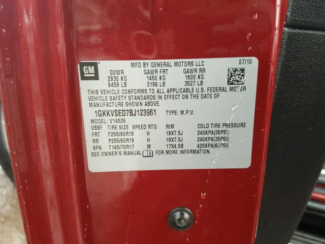 1GKKVSED7BJ123961 - 2011 GMC ACADIA SLT Qırmızı foto 10
