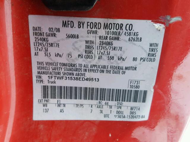 1FTWF31538ED49513 - 2008 FORD F350 SRW S RED photo 10