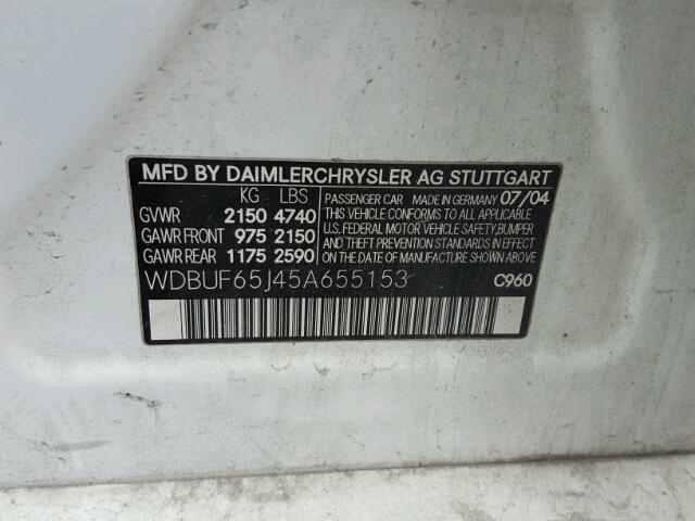 WDBUF65J45A655153 - 2005 MERCEDES-BENZ E 320 WHITE photo 10