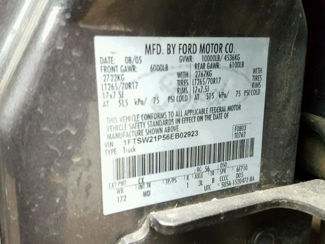 1FTSW21P56EB02923 - 2006 FORD F250 SUPER GRAY photo 10