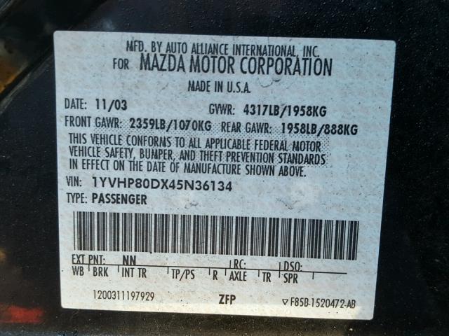 1YVHP80DX45N36134 - 2004 MAZDA 6 S BLACK photo 10