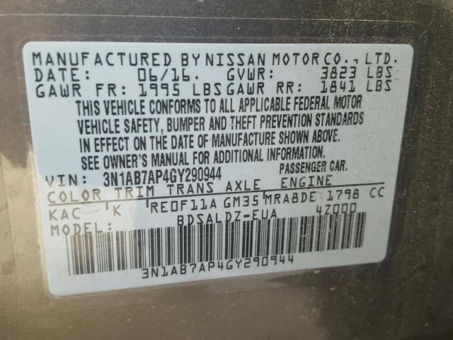 3N1AB7AP4GY290944 - 2016 NISSAN SENTRA S SILVER photo 10