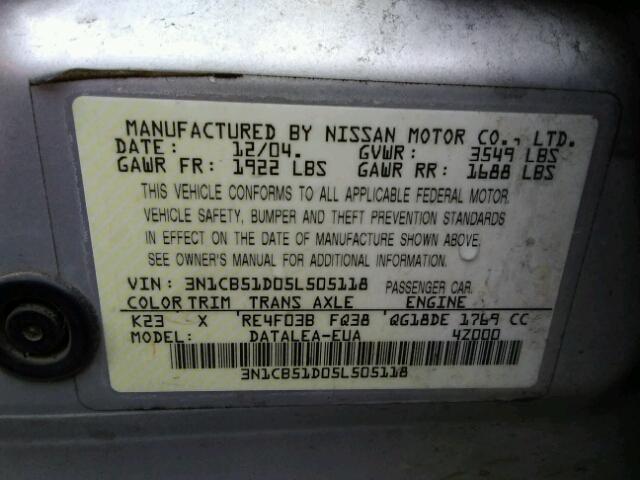 3N1CB51D05L505118 - 2005 NISSAN SENTRA 1.8 SILVER photo 10