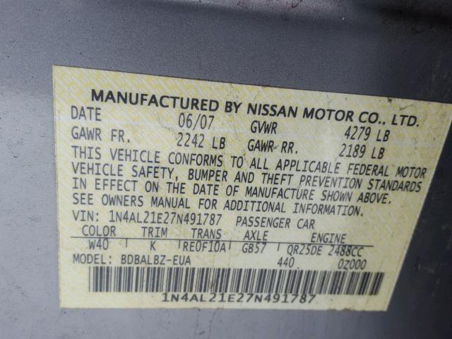 1N4AL21E27N491787 - 2007 NISSAN ALTIMA 2.5 SILVER photo 10