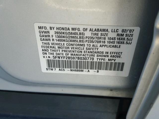 5FNYF28597B030770 - 2007 HONDA PILOT EXL SILVER photo 10