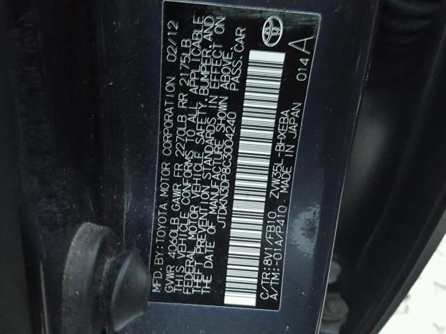 JTDKN3DP8C3004240 - 2012 TOYOTA PRIUS PLUG BLUE photo 10