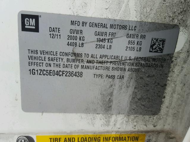 1G1ZC5E04CF236438 - 2012 CHEVROLET MALIBU 1LT 白色 照片 10