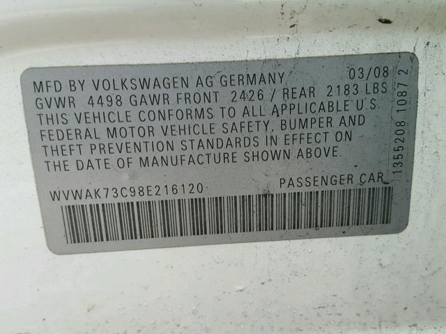 WVWAK73C98E216120 - 2008 VOLKSWAGEN PASSAT KOM WHITE photo 10