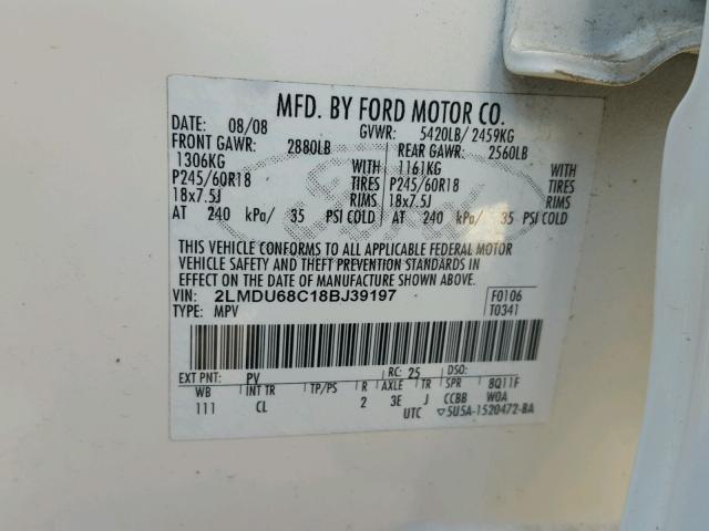 2LMDU68C18BJ39197 - 2008 LINCOLN MKX CREAM photo 10