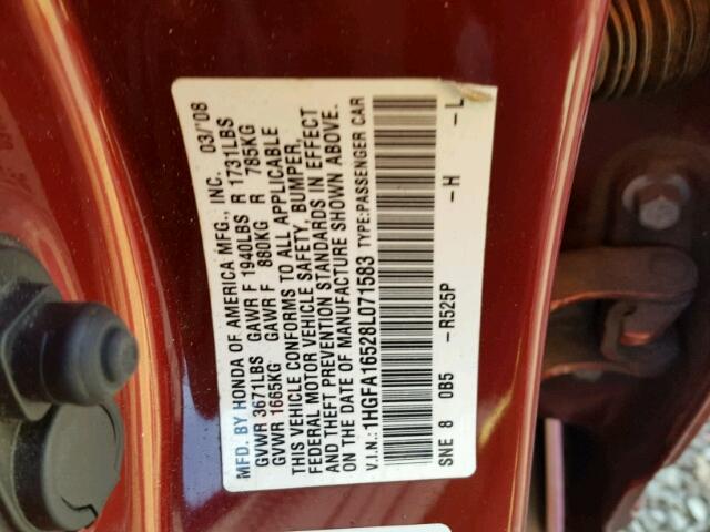 1HGFA16528L071583 - 2008 HONDA CIVIC LX RED photo 10