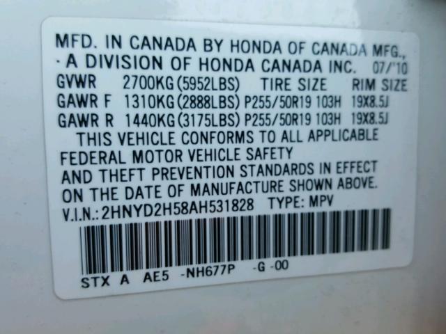 2HNYD2H58AH531828 - 2010 ACURA MDX ADVANC WHITE photo 10