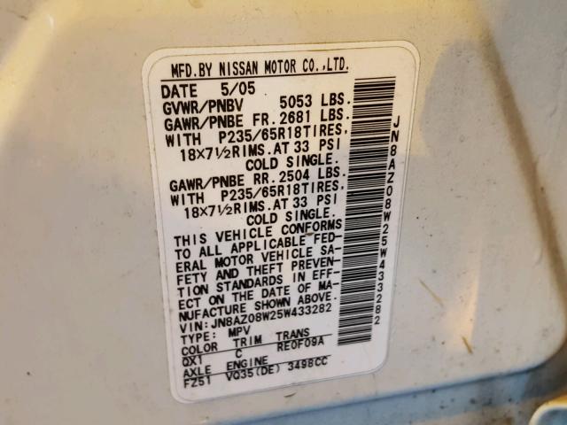 JN8AZ08W25W433282 - 2005 NISSAN MURANO SL WHITE photo 10