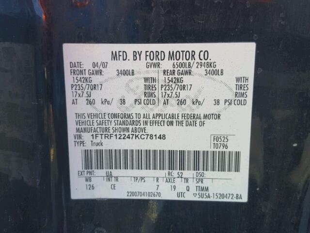 1FTRF12247KC78148 - 2007 FORD F150 BLACK photo 10