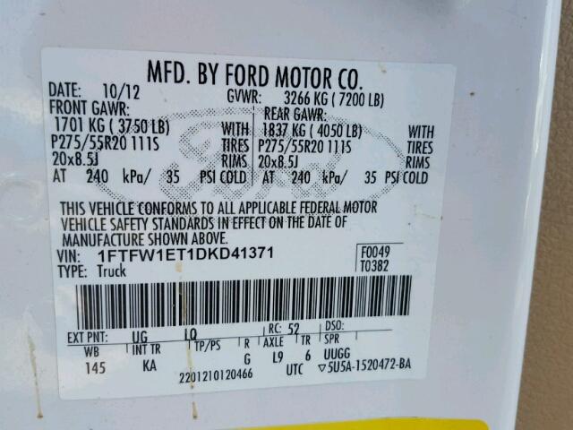 1FTFW1ET1DKD41371 - 2013 FORD F150 SUPER WHITE photo 10