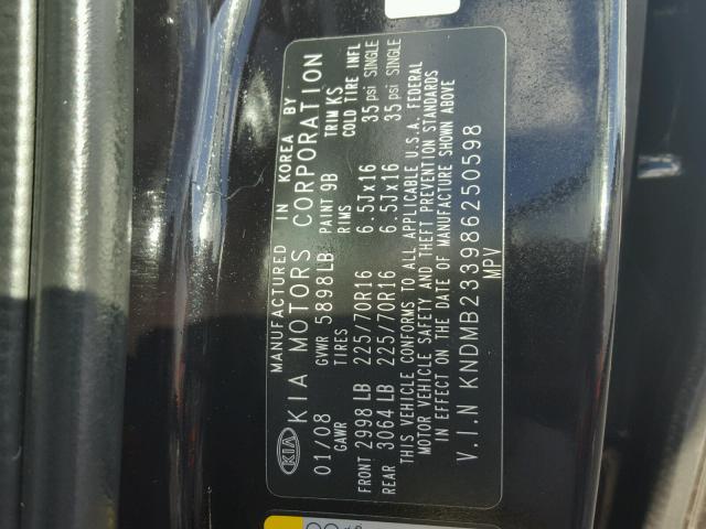 KNDMB233986250598 - 2008 KIA SEDONA EX BLACK photo 10