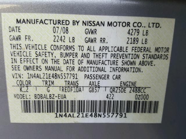 1N4AL21E48N557791 - 2008 NISSAN ALTIMA 2.5 SILVER photo 10