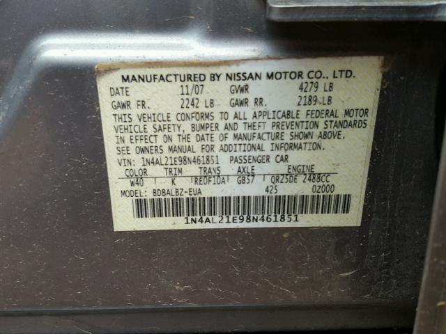 1N4AL21E98N461851 - 2008 NISSAN ALTIMA 2.5 CHARCOAL photo 10