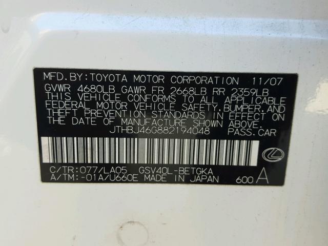 JTHBJ46G882194048 - 2008 LEXUS ES 350 WHITE photo 10