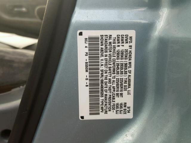 5FNRL18804B085265 - 2004 HONDA ODYSSEY EX BLUE photo 10