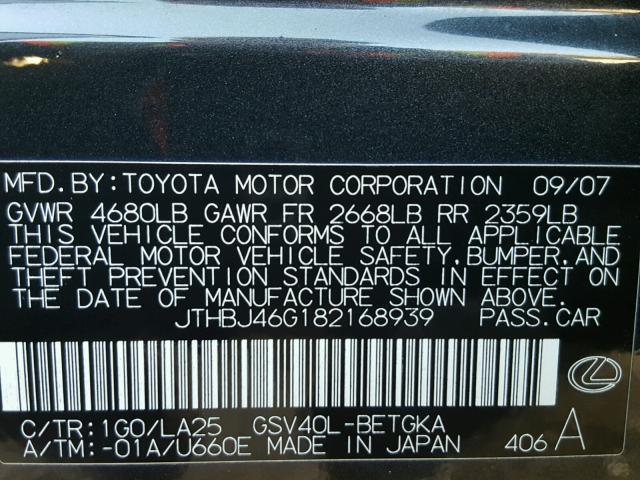 JTHBJ46G182168939 - 2008 LEXUS ES 350 BLACK photo 10