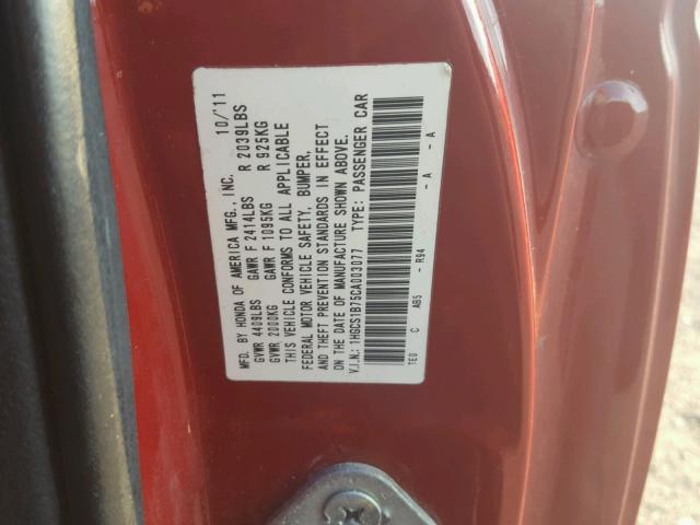 1HGCS1B75CA003077 - 2012 HONDA ACCORD EX RED photo 10