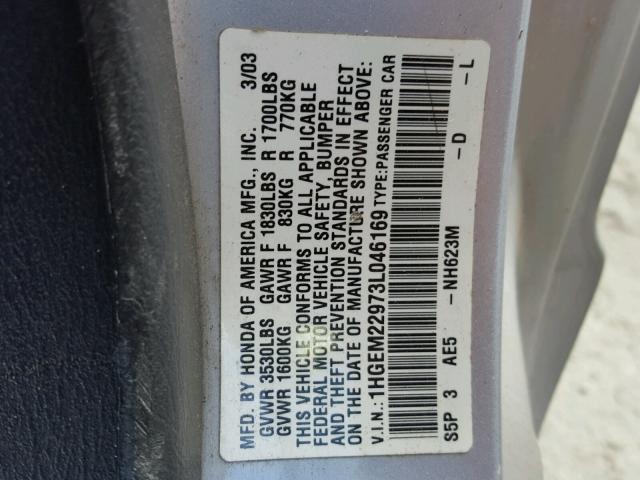 1HGEM22973L046169 - 2003 HONDA CIVIC EX ვერცხლისფერი ფოტო 10