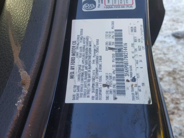 3FAHP08178R214416 - 2008 FORD FUSION SEL BLACK photo 10