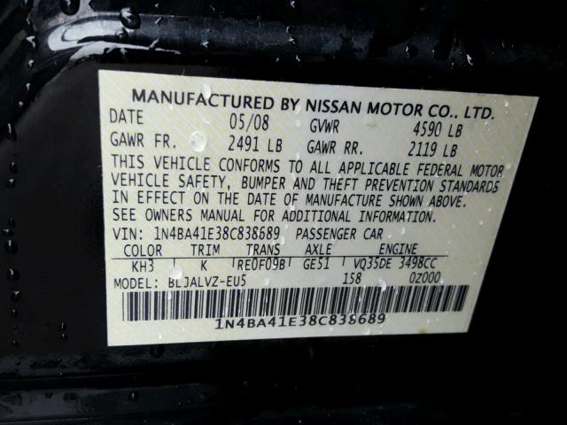 1N4BA41E38C838689 - 2008 NISSAN MAXIMA SE BLACK photo 10