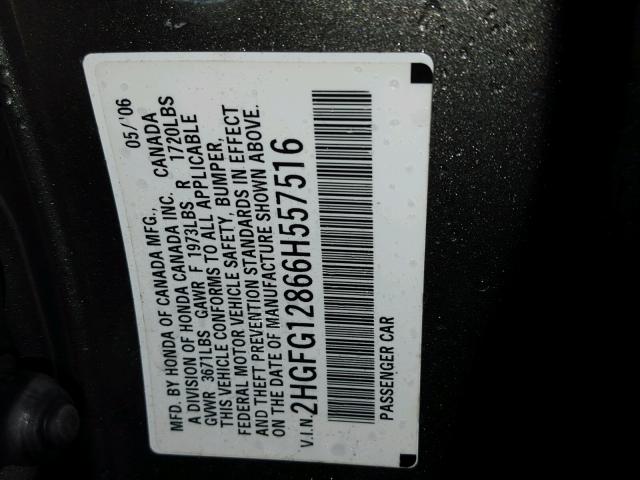 2HGFG12866H557516 - 2006 HONDA CIVIC EX თაფლისფერი ფოტო 10