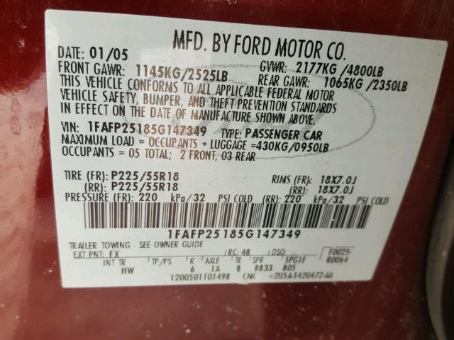 1FAFP25185G147349 - 2005 FORD FIVE HUNDR MAROON photo 10