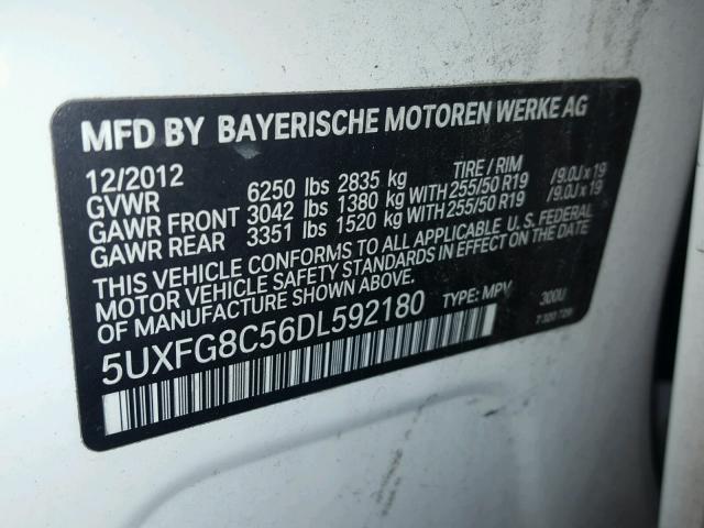 5UXFG8C56DL592180 - 2013 BMW X6 XDRIVE5 WHITE photo 10