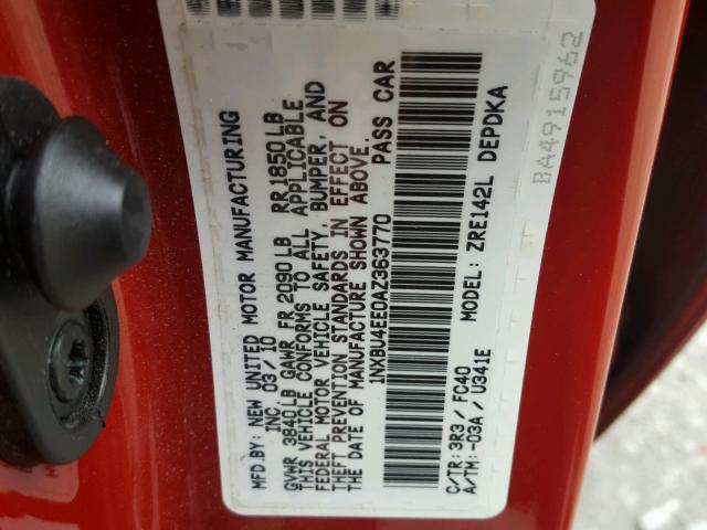 1NXBU4EE0AZ363770 - 2010 TOYOTA COROLLA BA RED photo 10