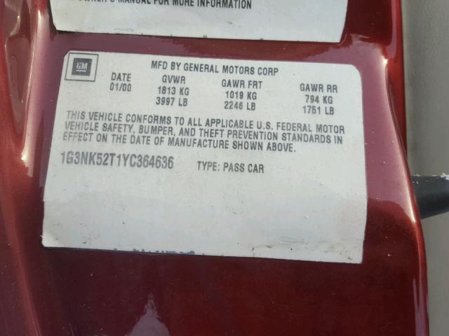 1G3NK52F42C305193 - 2002 OLDSMOBILE ALERO GX MAROON photo 10