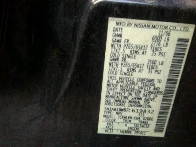 5N1AR18W87C619832 - 2007 NISSAN PATHFINDER BLACK photo 10