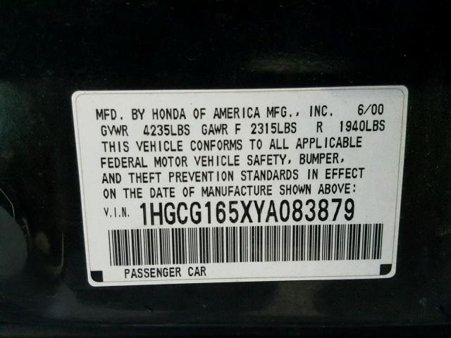 1HGCG165XYA083879 - 2000 HONDA ACCORD EX GREEN photo 10