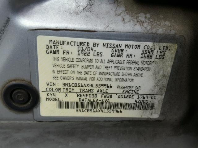 3N1CB51AX4L559966 - 2004 NISSAN SENTRA 1.8 SILVER photo 10