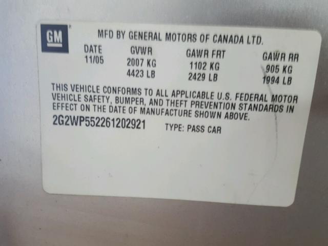 2G2WP552261202921 - 2006 PONTIAC GRAND PRIX SILVER photo 10