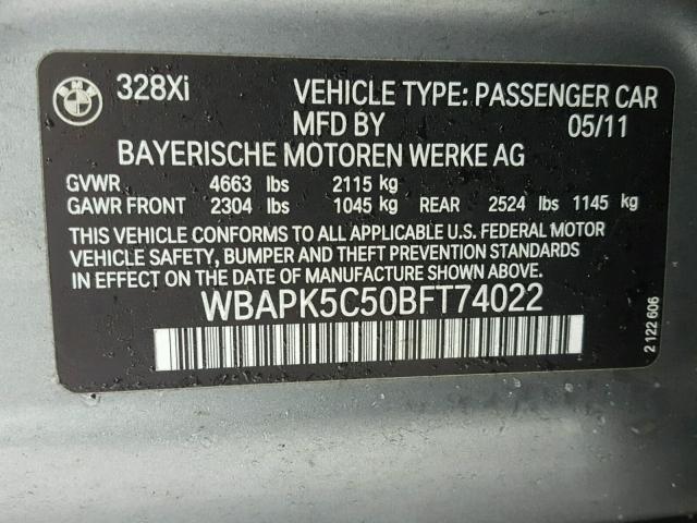 WBAPK5C50BFT74022 - 2011 BMW 328 XI SUL GRAY photo 10