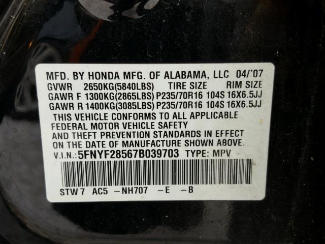 5FNYF28567B039703 - 2007 HONDA PILOT EXL BLACK photo 10