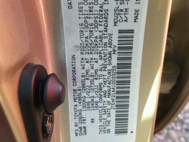 JTEHF21A410033259 - 2001 TOYOTA HIGHLANDER BEIGE photo 10