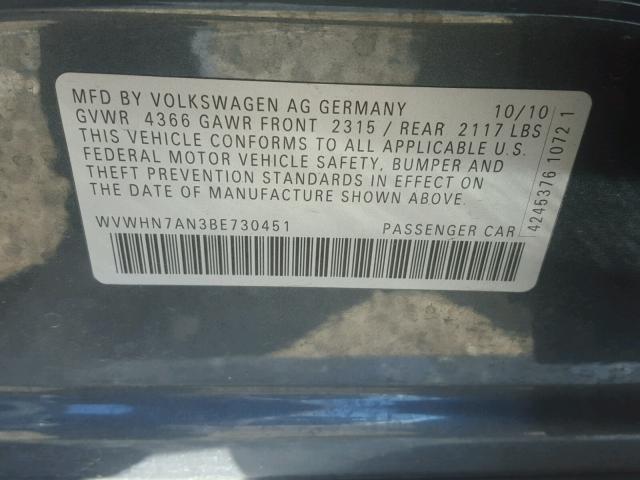 WVWHN7AN3BE730451 - 2011 VOLKSWAGEN CC LUXURY GRAY photo 10