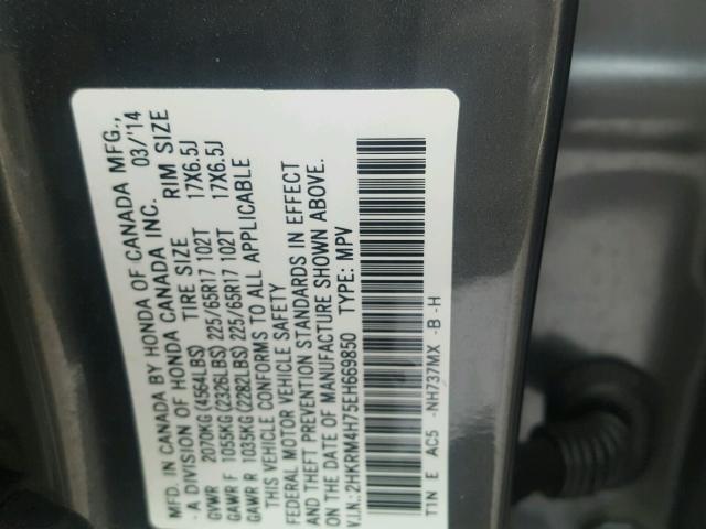 2HKRM4H75EH669850 - 2014 HONDA CR-V EXL GRAY photo 10