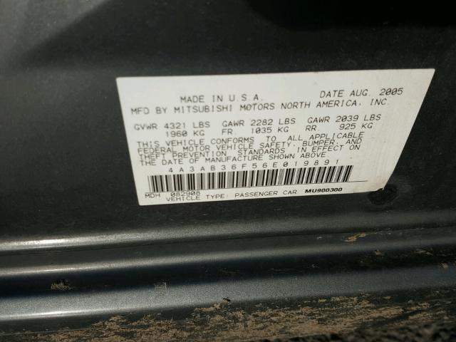 4A3AB36F56E019891 - 2006 MITSUBISHI GALANT ES GRAY photo 10