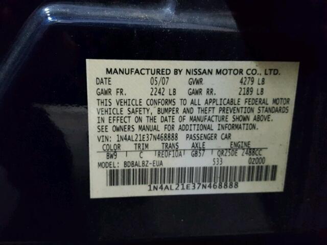 1N4AL21E37N468888 - 2007 NISSAN ALTIMA 2.5 BLUE photo 10