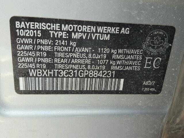 WBXHT3C31GP884231 - 2016 BMW X1 XDRIVE2 SILVER photo 10