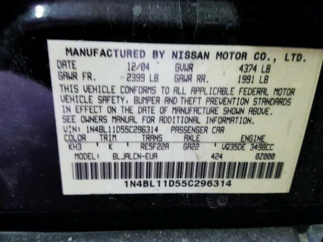 1N4BL11D55C296314 - 2005 NISSAN ALTIMA SE BLACK photo 10