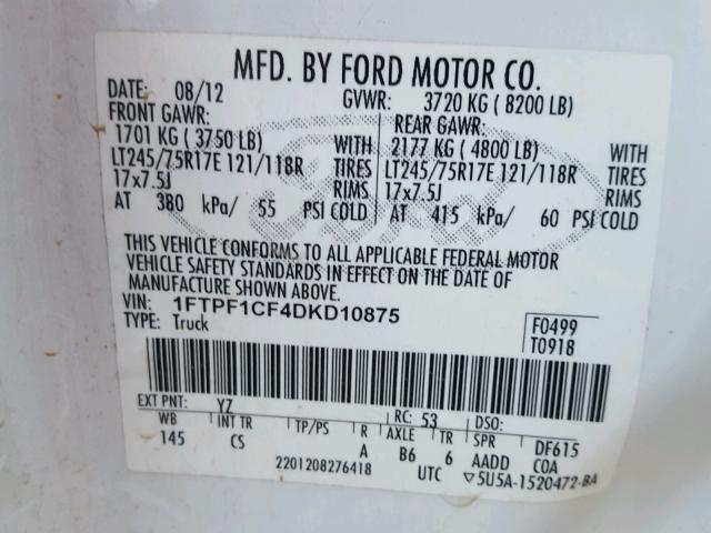 1FTPF1CF4DKD10875 - 2013 FORD F150 WHITE photo 10