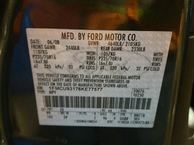 1FMCU93178KE77577 - 2008 FORD ESCAPE XLT CHARCOAL photo 10