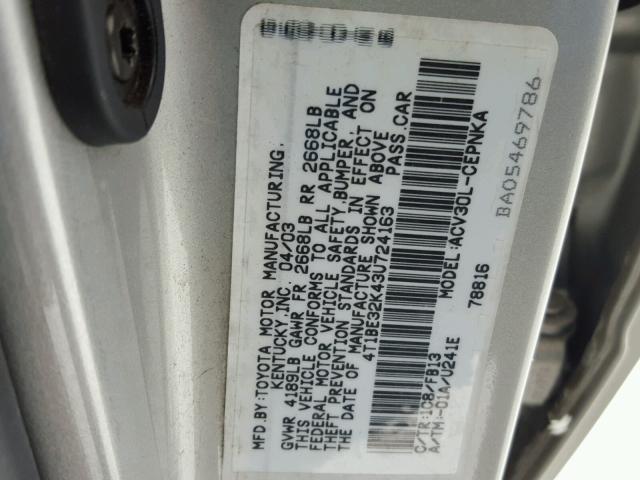 4T1BE32K43U724163 - 2003 TOYOTA CAMRY LE SILVER photo 10