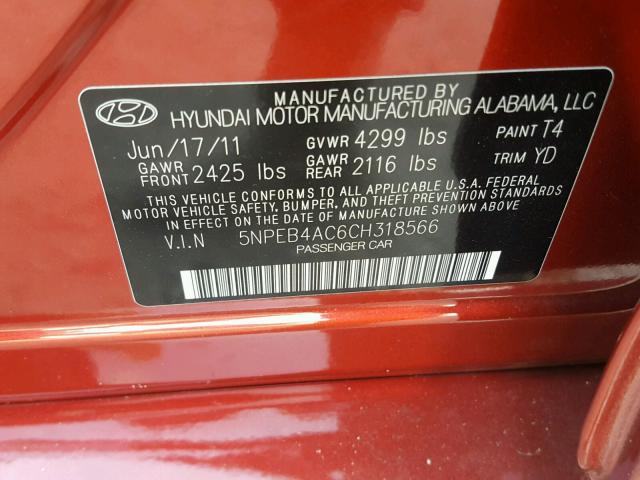 5NPEB4AC6CH318566 - 2012 HYUNDAI SONATA GLS RED photo 10